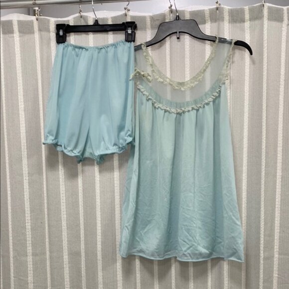 Vintage Pandora Lingerie 2 Pc‎ Set Mint Blue Green Sheer Lace Nylon Size M - Picture 1 of 13